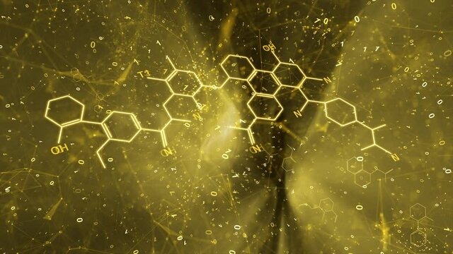 Chemical molecules and  binary numbers animated on beautiful glowing gold abstract background. 