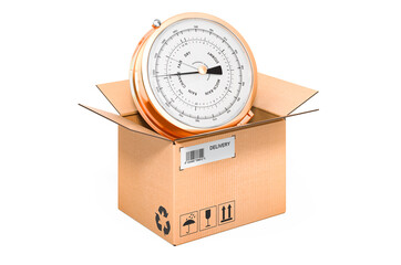 Barometer inside cardboard box, delivery concept. 3D rendering