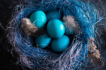 Blue Easter eggs with twigs in a decorative nest