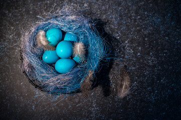 Blue Easter eggs with twigs in a decorative nest