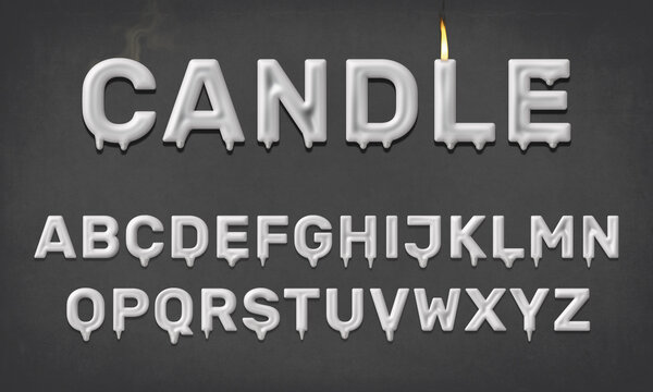 White candle alphabet with wax effect and dripping letters isolated on grey background, 3D rendering, textured font design, creative uppercase typography for poster, banner, invitation
