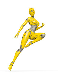 gynoid is the super fembot is doing a comic action pose in white background