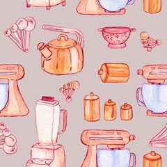 Watercolor handdrawn kitchenware. Pattern for fabric, packaging and paper. 