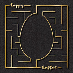 Happy Easter Square Gold Maze Logo as Labyrinth Combined with Egg Shape and Lettering - Golden on Texturized Paper Background - Hand Drawn Doodle Design.