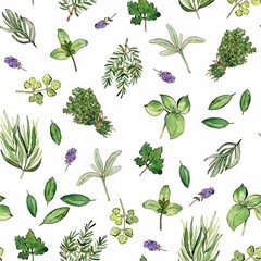 Watercolor and ink herbs pattern on white. Seamless pattern with freshly aromatic herbs. Colorfull background for textile, wallpapers, print and banners.