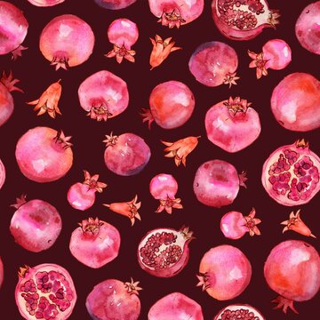 Watercolor and ink pomegranates pattern on dark red. Seamless pattern with fresh fruits. Colorfull background for textile, wallpapers, print and banners.