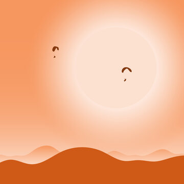 two paramotors gliding and flying in the air with big sun at background with orange shade gradient illustration vector