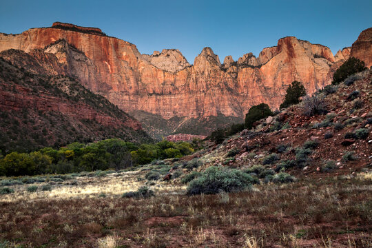dramatic landscape photo of  canyons, cliffs, rivers in Zion national Park in Utah.