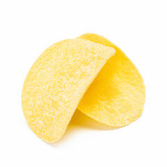 potato chip stack isolated on white background. yellow crunchy chip slice cut out