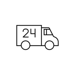 24 Hours shipping delivery truck icon in flat black line style, isolated on white background 