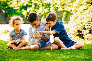 Naklejka na ściany i meble Little children have a great time with their favorite animals