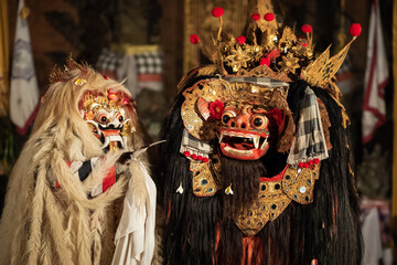 Balinese Barong ritual dance at Pura Saraswati temple in Ubud, Bali, Indonesia.