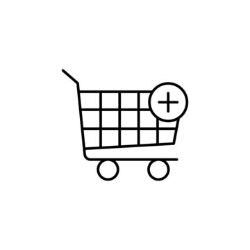 Shopping Cart With plus Sign in flat black line style, isolated on white background 