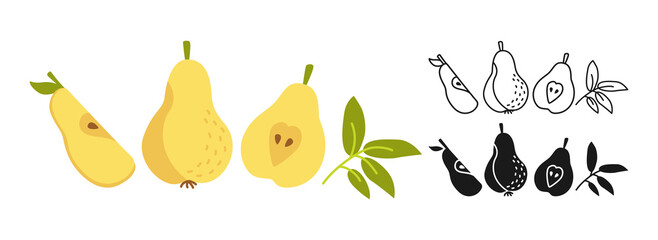 Pear cartoon set line icon, black glyph style. Summer pears icon collection flat food. Comic hand drawn design for packaging card poster label. Organic healthy peach Isolated vector illustration