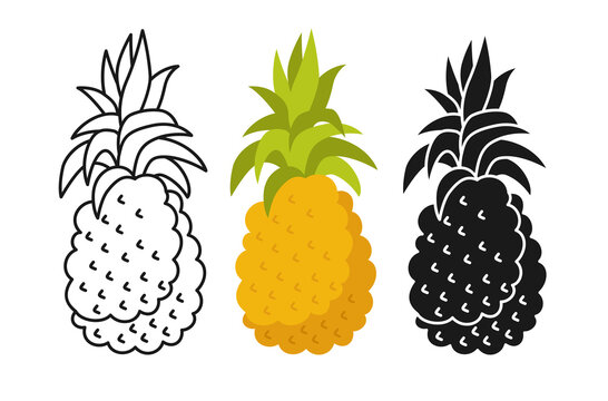 Pineapple cartoon set line icon, black glyph style. Pineapple tropical summer collection hawaii food. Comic hand drawn organic design for packaging, greeting card, poster. Isolated vector illustration