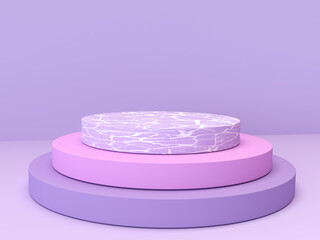 Mockup geometric pink shape cylinder mat and marble stone podium on bright purple background. 3D render of advertising template space for product in minimalist style. Display case empty showcase