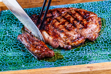 Sliced grilled meat steak Rib-eye. Close up