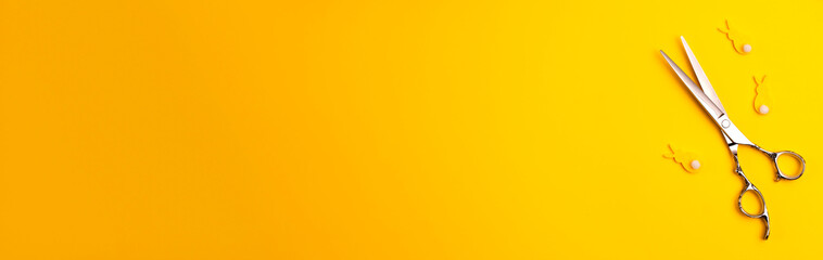 Banner template flat lay of professional hair cutting shears and bannies on yellow background Hairdresser salon equipment concept with copy space Selfcare on Easter holidays lockdown time
