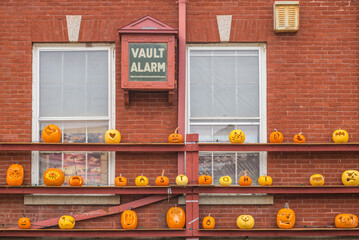 USA, Maine, Eastport. Carved Jack-O'Lantern pumpkins for Halloween during autumn.