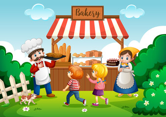 Obraz na płótnie Canvas Front of bakery shop with baker in the park scene