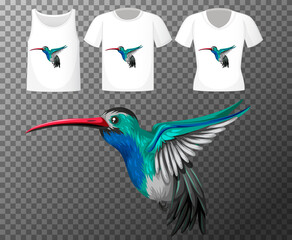Set of different shirts with little bird cartoon character isolated on transparent background