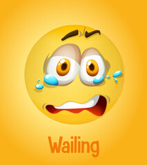 Wailing emotional yellow face with tired text on yellow background