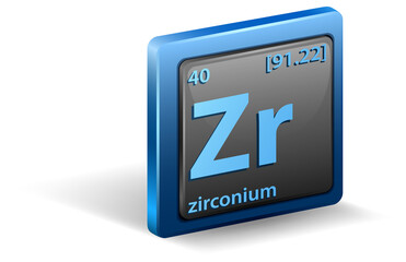 Zirconium chemical element. Chemical symbol with atomic number and atomic mass.