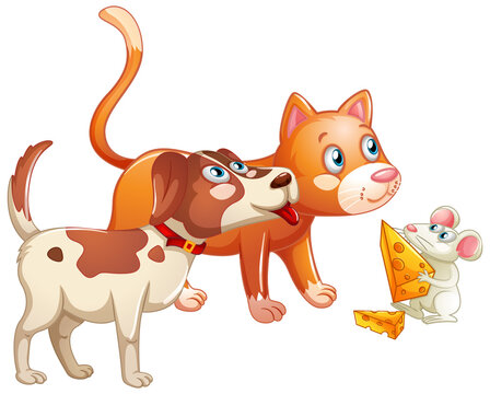 Group of animal dog, cat and mouse cartoon character isolated on white background