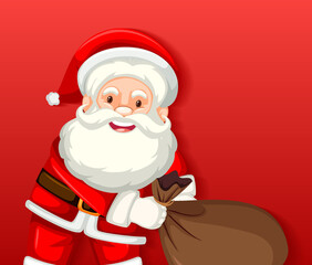 Cute Santa Claus holding bag cartoon character on red background