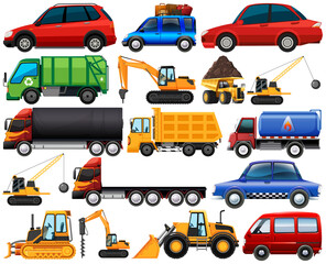 Set of different kind of cars and trucks isolated on white background