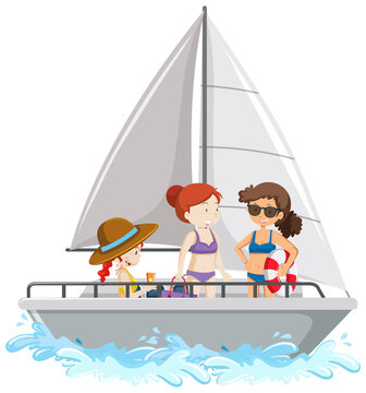 People standing on a sailboat isolated on white background
