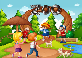Zoo entrance gate scene with many kids