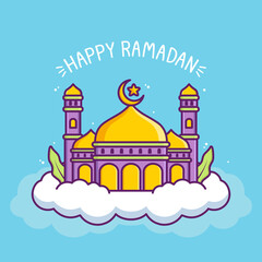 Obraz premium cute happy ramadan illustration with mosque in the cloud