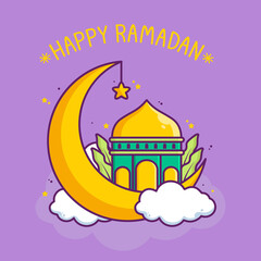 cute happy ramadan illustration with mosque in the moon