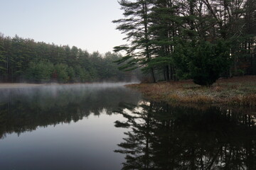 Stratton Brook State Park Simsbury Connecticut.  Forest trees reflect in the water as fog rolls across the lake on an early autumn morning.