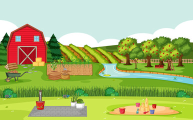 Farm scene with red barn in field landscape