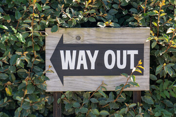 Way Out sign made of wood on green leaf background