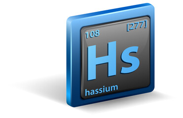 Hassium chemical element. Chemical symbol with atomic number and atomic mass.