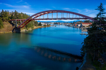 Rainbow Bridge in the Town of La Conner, Washington. Rainbow Bridge connects Fidalgo Island and La Conner, crossing Swinomish Channel in Skagit County. National Register of Historic Places.

