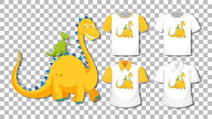 Dinosaur cartoon character with set of different shirts isolated on transparent background