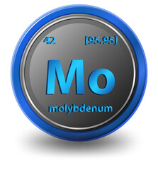 Molybdenum chemical element. Chemical symbol with atomic number and atomic mass.