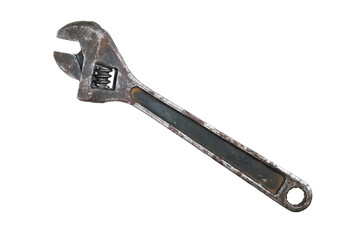 Old adjustable rusty metal wrench isolated on white background. High detail photo.