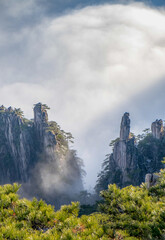 View of the clouds and the pine tree at the mountain peaks of Huangshan National park, China. Landscape of Mount Huangshan of the winter season.