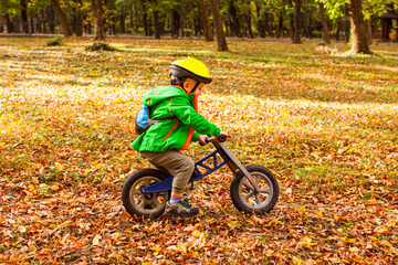 Toddler boy balancing on a balance bike in a park