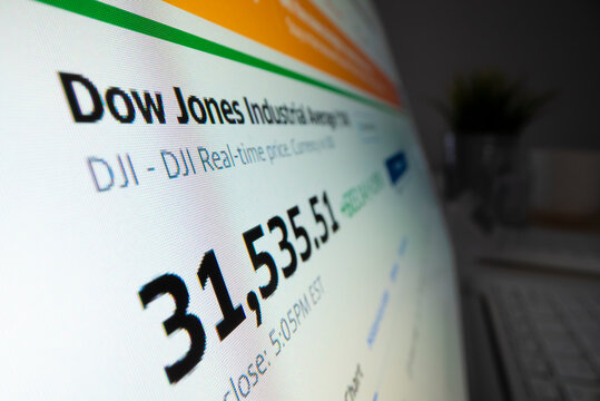 Melbourne, Australia - Mar 2, 2021: Close-up view of Dow Jones index on Yahoo Finance webpage