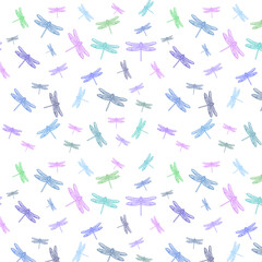 Fototapeta na wymiar Seamless pastel colored dragonfly pattern isolated on a white background