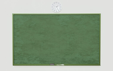 school blackboard on white wall with eraser and chalk underneath and a clock on top. 3d rendering