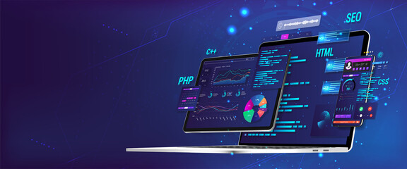 Banner Software UI and development for different devices. Business App dashboard with graph, charts, analytics data, testing platform, coding process. Software development and programming concept.