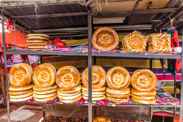 Naan bread stall at the bazaar in Osh, Kyrgyzstan