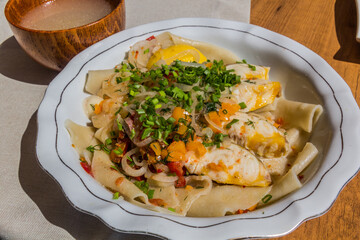 Fish beshbarmak, meal in Aktau, Kazakhstan